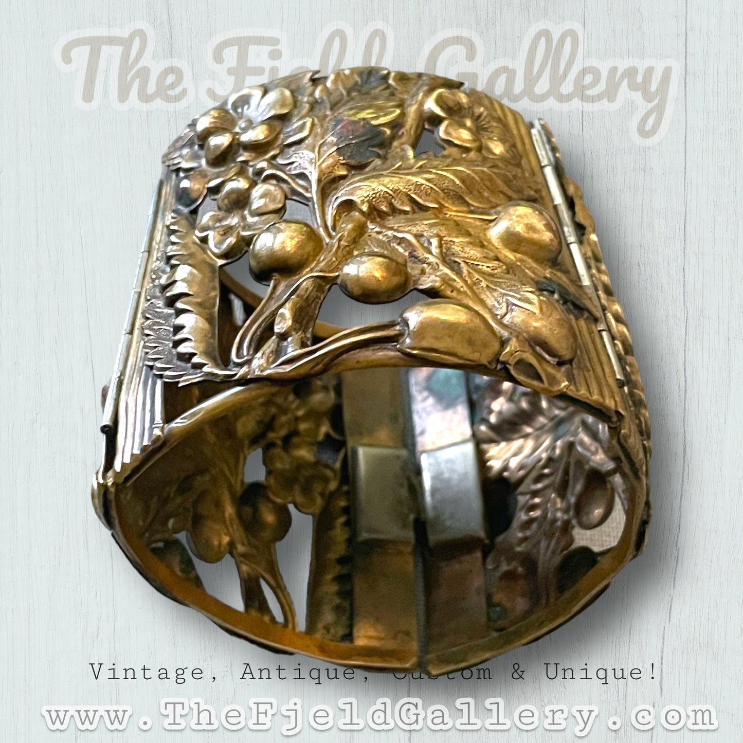 Antique Brass Repoussé Huge Hinged Arm Cuff Gauntlet Bracelet