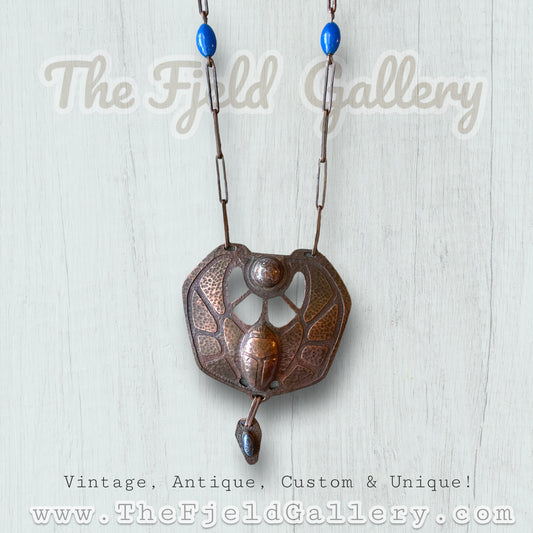 Vintage Egyptian Scarab Copper Necklace with Pink & Blue Jasper Gemstone Cabochons