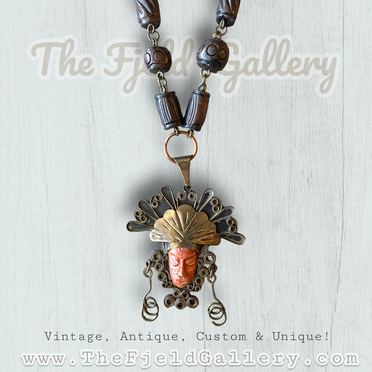 Copper & Brass Orange Stone Carved Face Mask Mexican Necklace