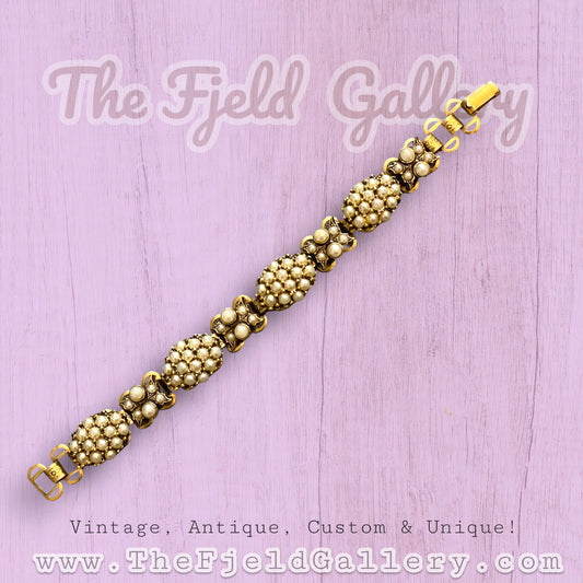 Vintage Cluster Pearl Victorian Bookchain Gold Bracelet