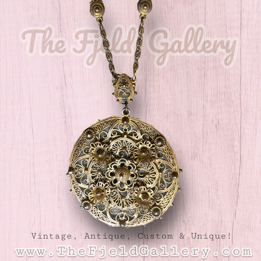 Vintage Indo Craft Designer Brass Filigree Art Nouveau Necklace