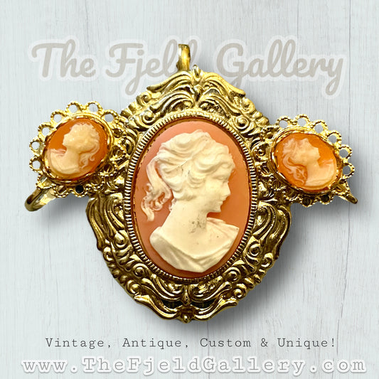 Vintage Orange & Cream Celluloid Cameo Necklace & Earring Set