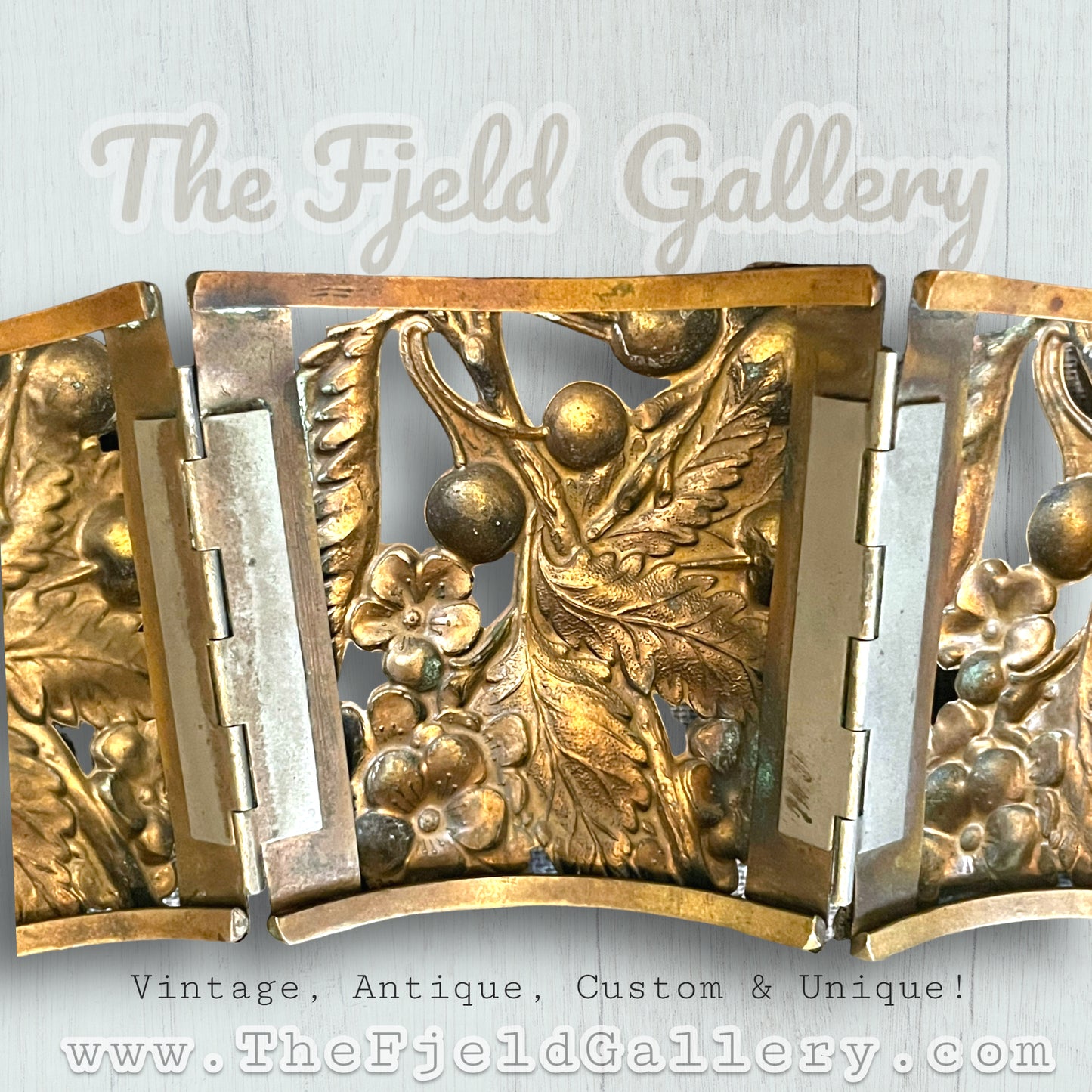 Antique Brass Repoussé Huge Hinged Arm Cuff Gauntlet Bracelet