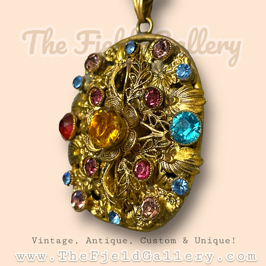 Art Nouveau Czech Fruit Salad Multicolor Art Glass Gilded Brass Necklace