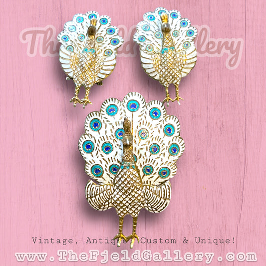 1940’s Siam Vermeille Sterling White & Blue Enamel Peacock Brooch & Earring Set