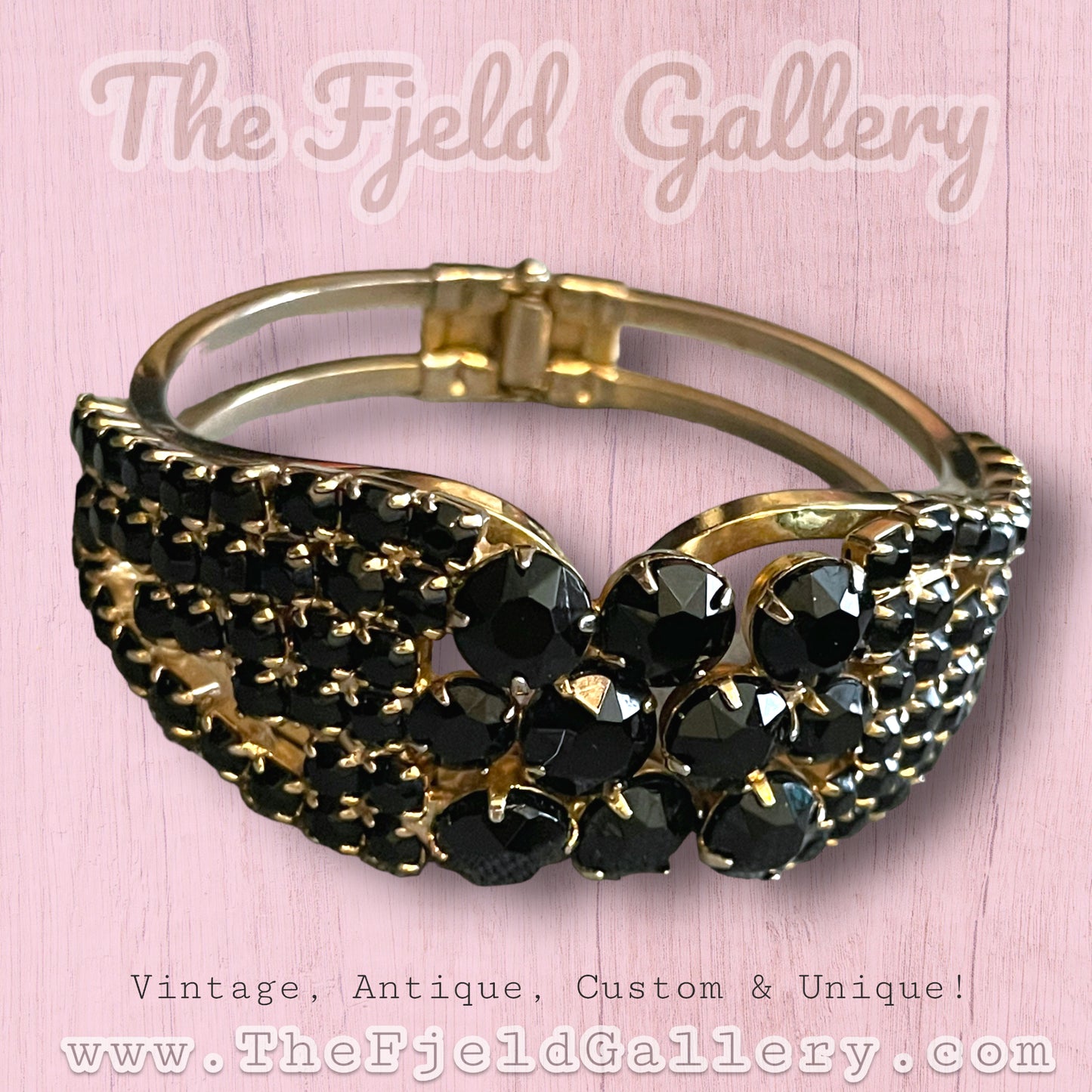 Vintage Black Prong Set Crystal Gold Hinged Clamper Bangle Bracelet