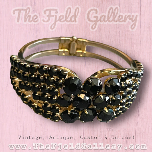 Vintage Black Prong Set Crystal Gold Hinged Clamper Bangle Bracelet