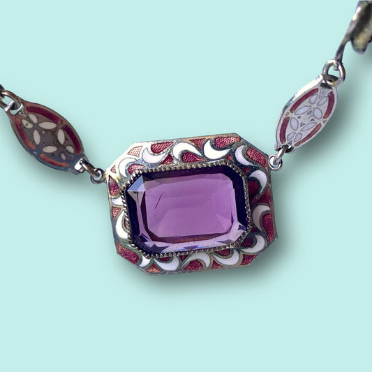 Art Deco Purple Art Glass & Enamel Necklace
