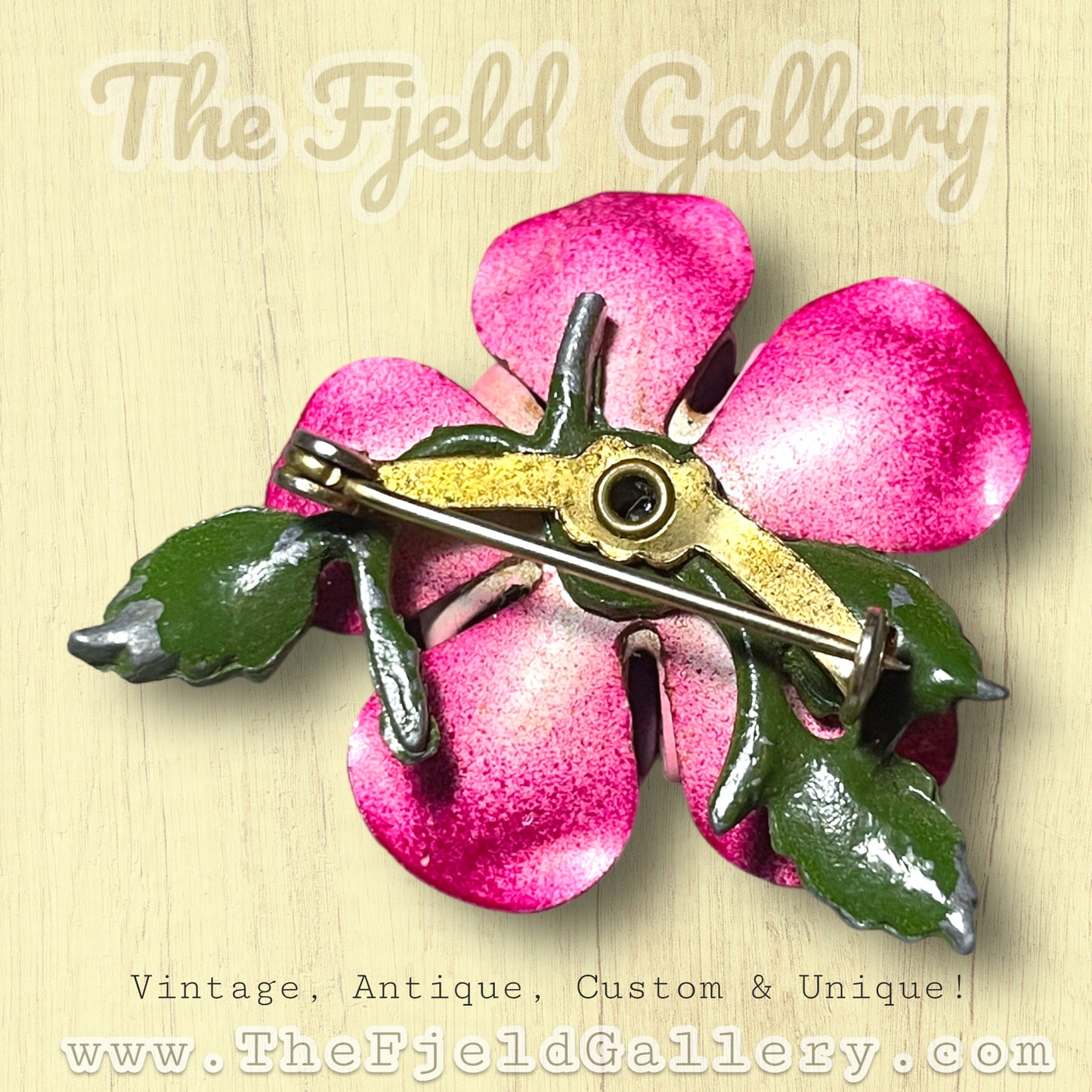 Vintage Pink, Red & Green Enamel Metal Flower Brooch