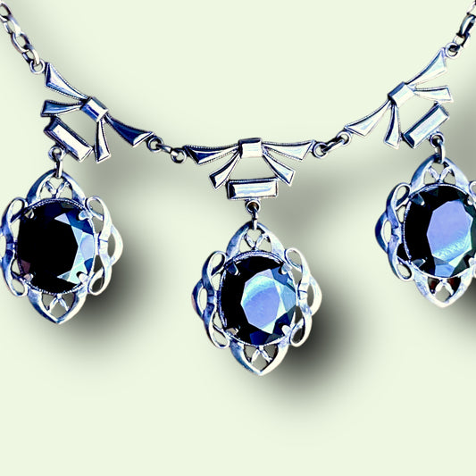 Art Nouveau Sterling Silver & Hematite Bow Festoon Necklace