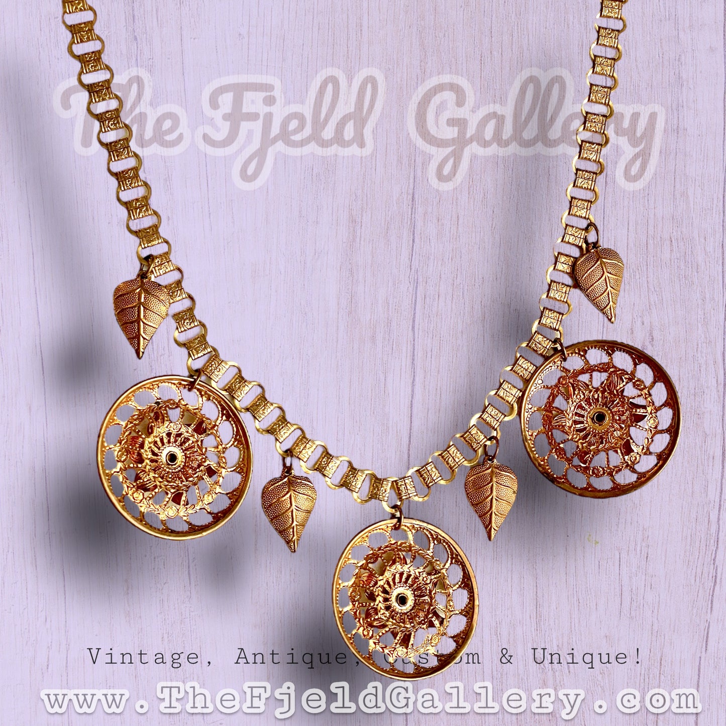 Victorian Bookchain with Ruby Red Art Glass & Gold Filigree Leaf Charm Necklace