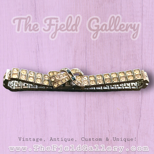 Art Nouveau Sterling Bow Sapphire Blue & White Crystal Bracelet