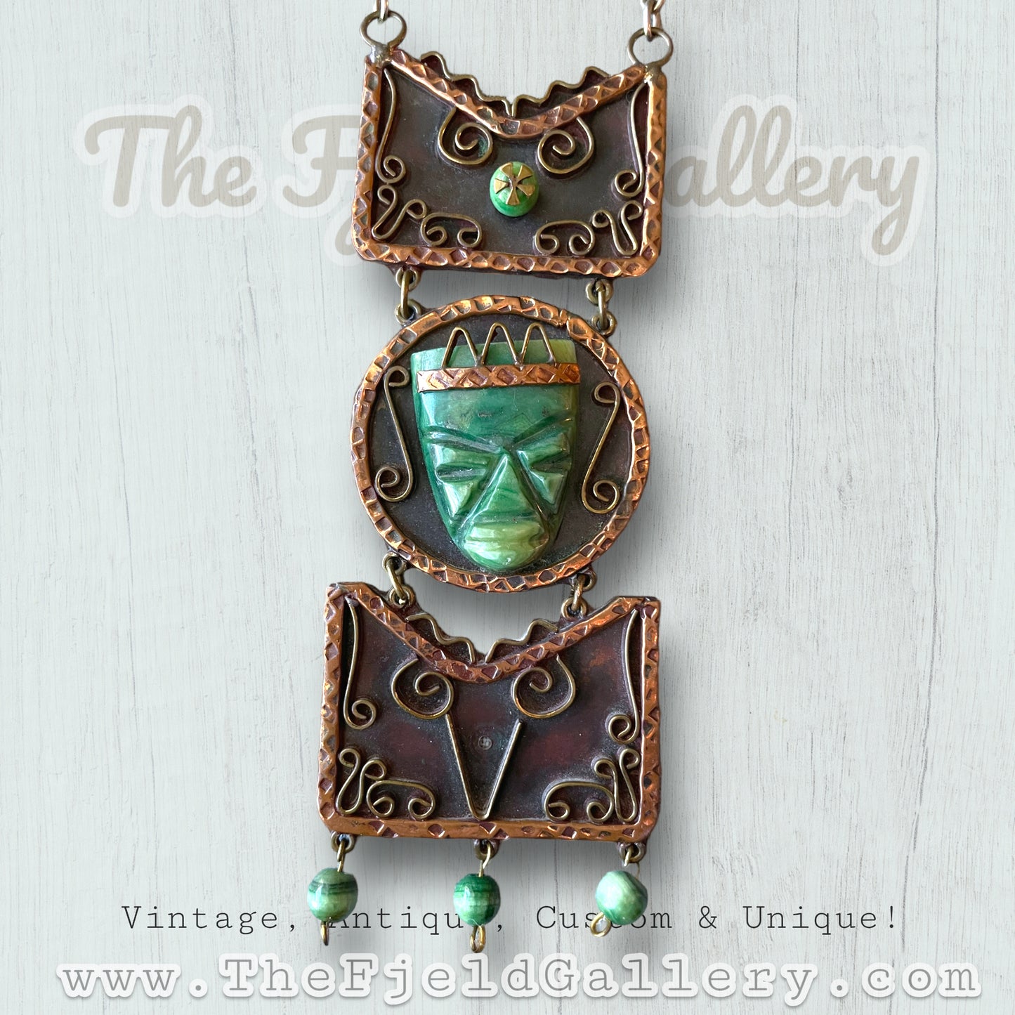 Vintage Green Jadeite Carved Face Mask Copper Necklace