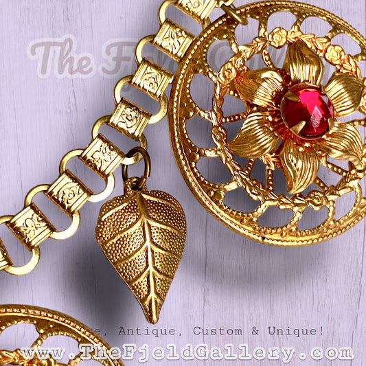 Victorian Bookchain with Ruby Red Art Glass & Gold Filigree Leaf Charm Necklace