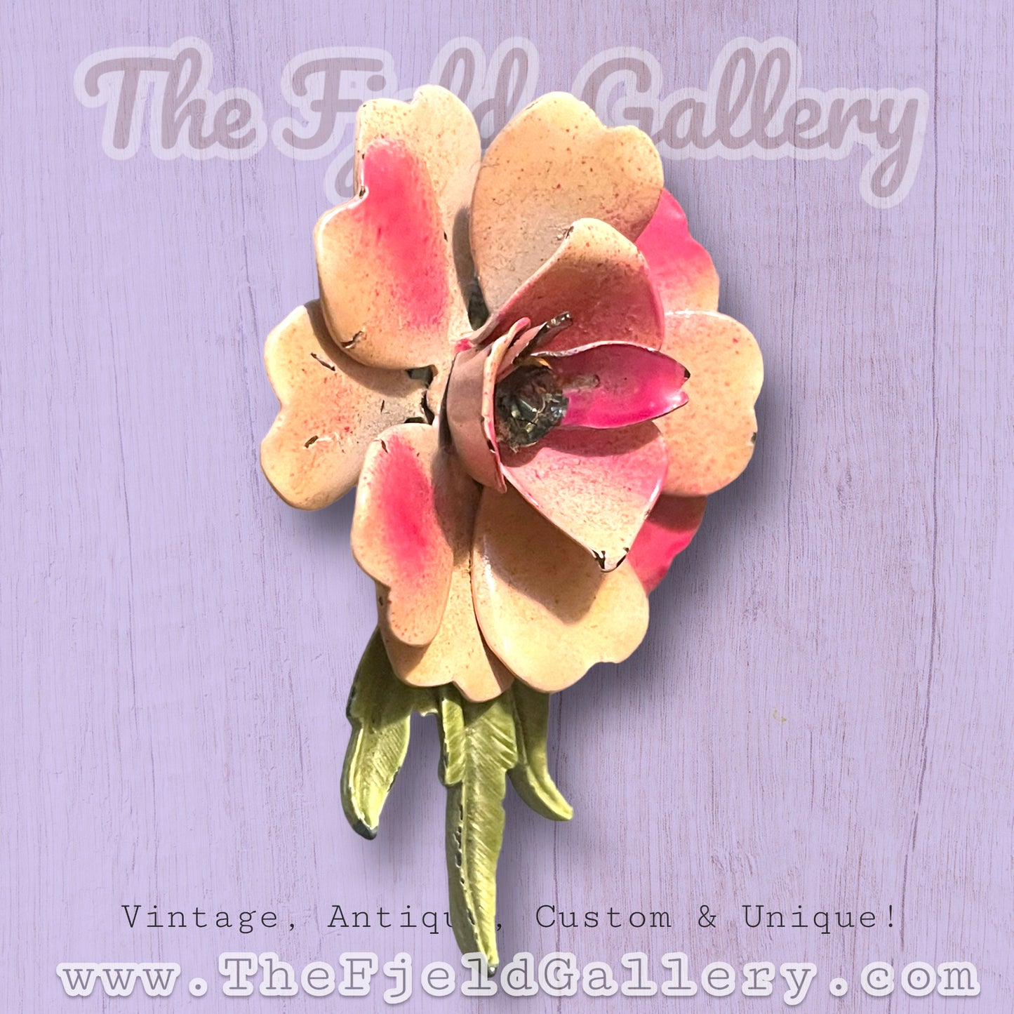 Vintage Pink & Green Enamel Flower Brooch