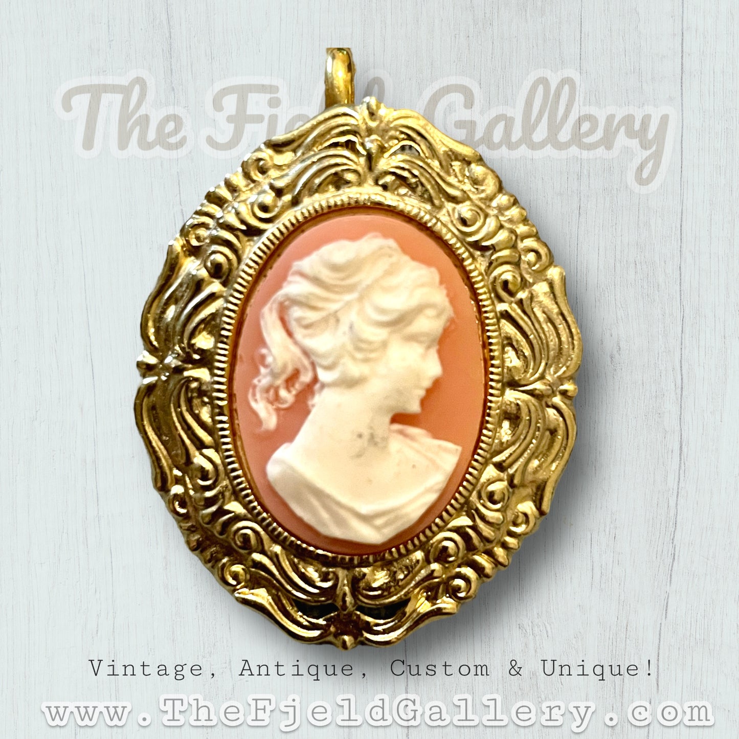 Vintage Orange & Cream Celluloid Cameo Necklace & Earring Set