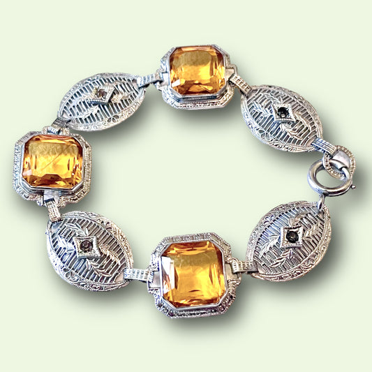 Art Deco Czech Citrine Art Glass Silver Filigree Link Bracelet