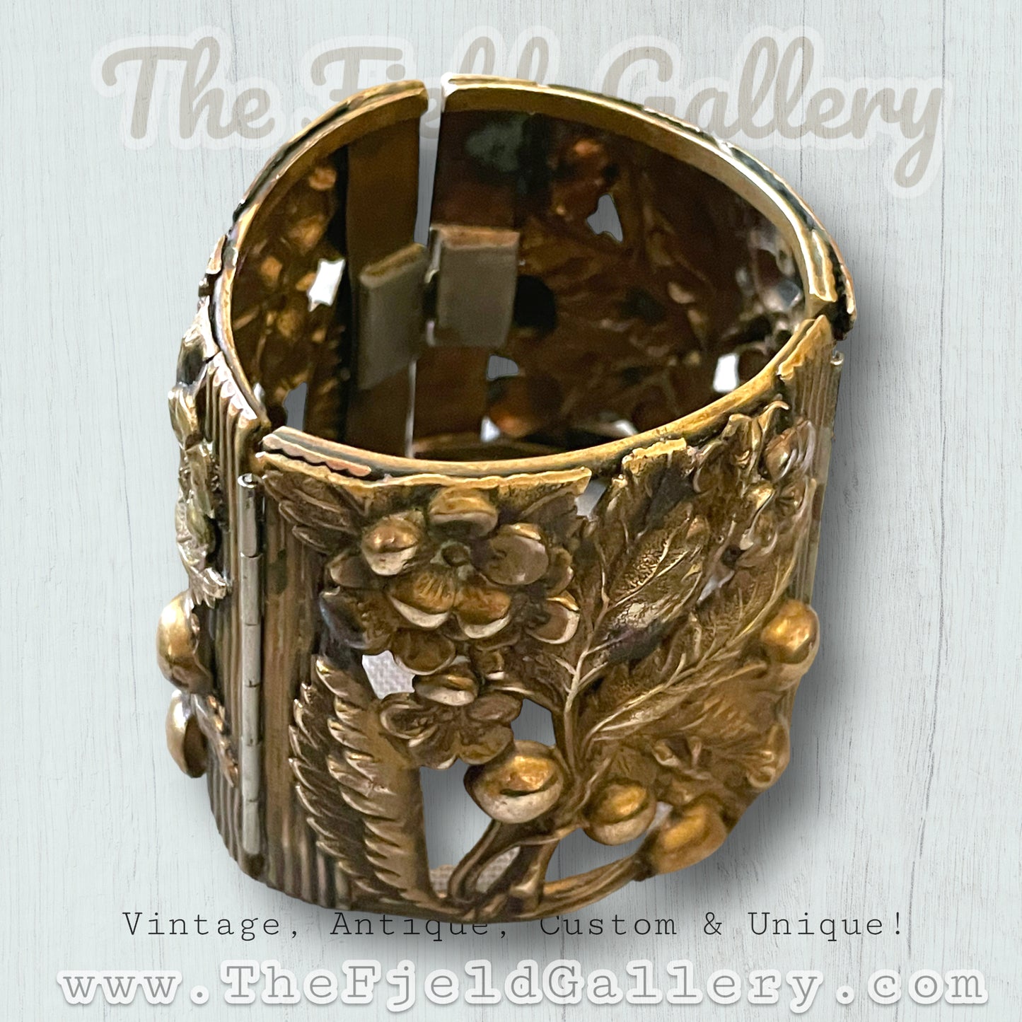 Antique Brass Repoussé Huge Hinged Arm Cuff Gauntlet Bracelet