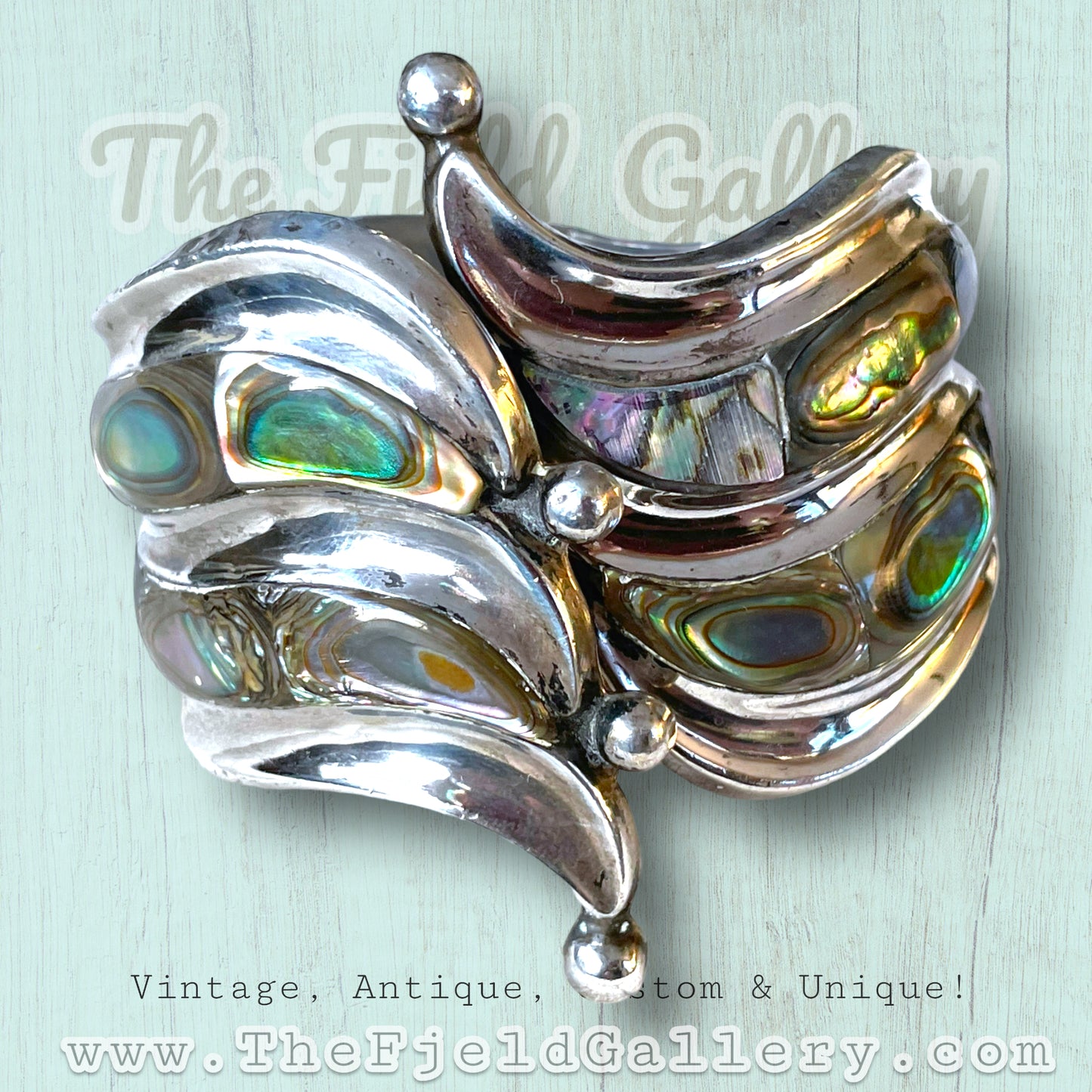 Vintage Sterling Silver & Abalone Mexican Hinged Clamper Bracelet