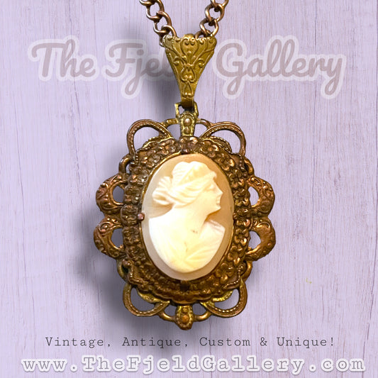 Antique 1920’s Art Nouveau Brass Prong Set Carved Shell Cameo Necklace
