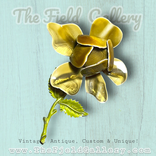Vintage Olive Green Enamel Metal Rose Brooch