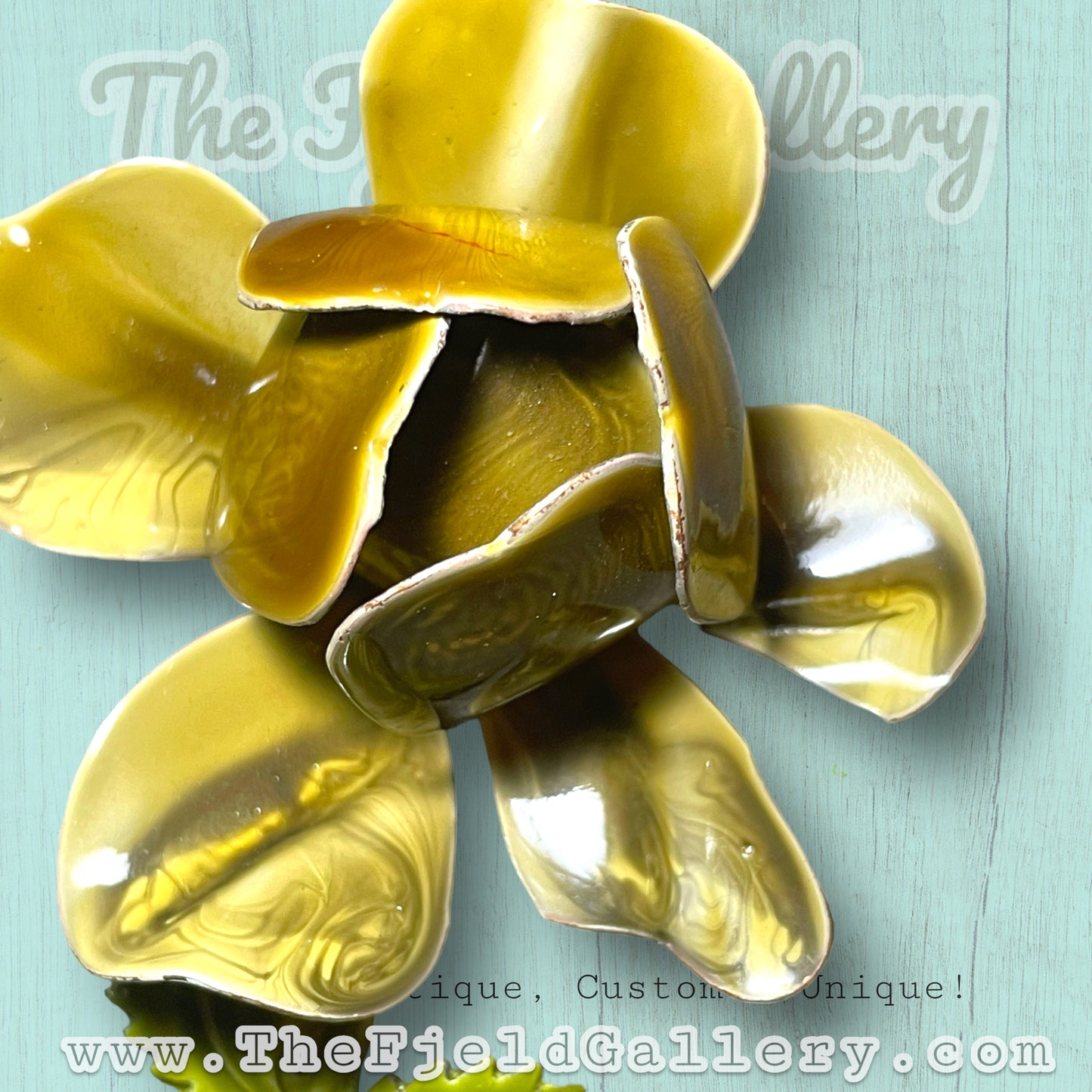 Vintage Olive Green Enamel Metal Rose Brooch