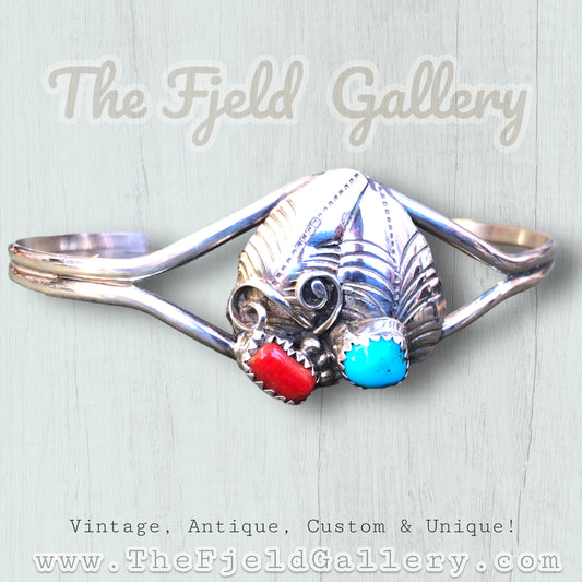 Turquoise & Red Coral Sterling Silver Native American Chevron Cuff Bracelet
