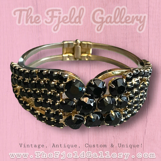 Vintage Black Prong Set Crystal Gold Hinged Clamper Bangle Bracelet