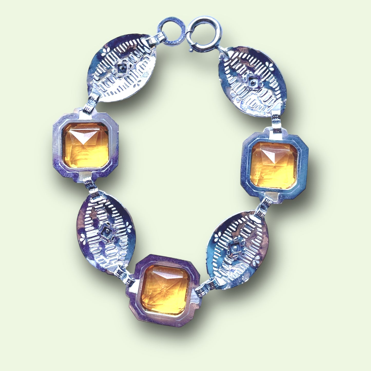 Art Deco Czech Citrine Art Glass Silver Filigree Link Bracelet