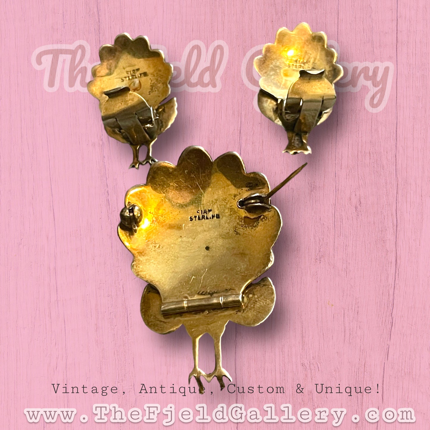 Siam Sterling Red & Blue Cloisonné Enamel Vermielle Brooch & Earring Set