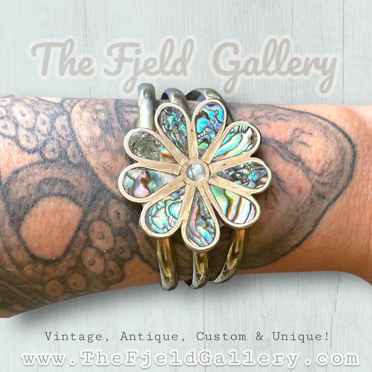 Vintage Sterling Silver Abalone Daisy Flower Cuff Bracelet