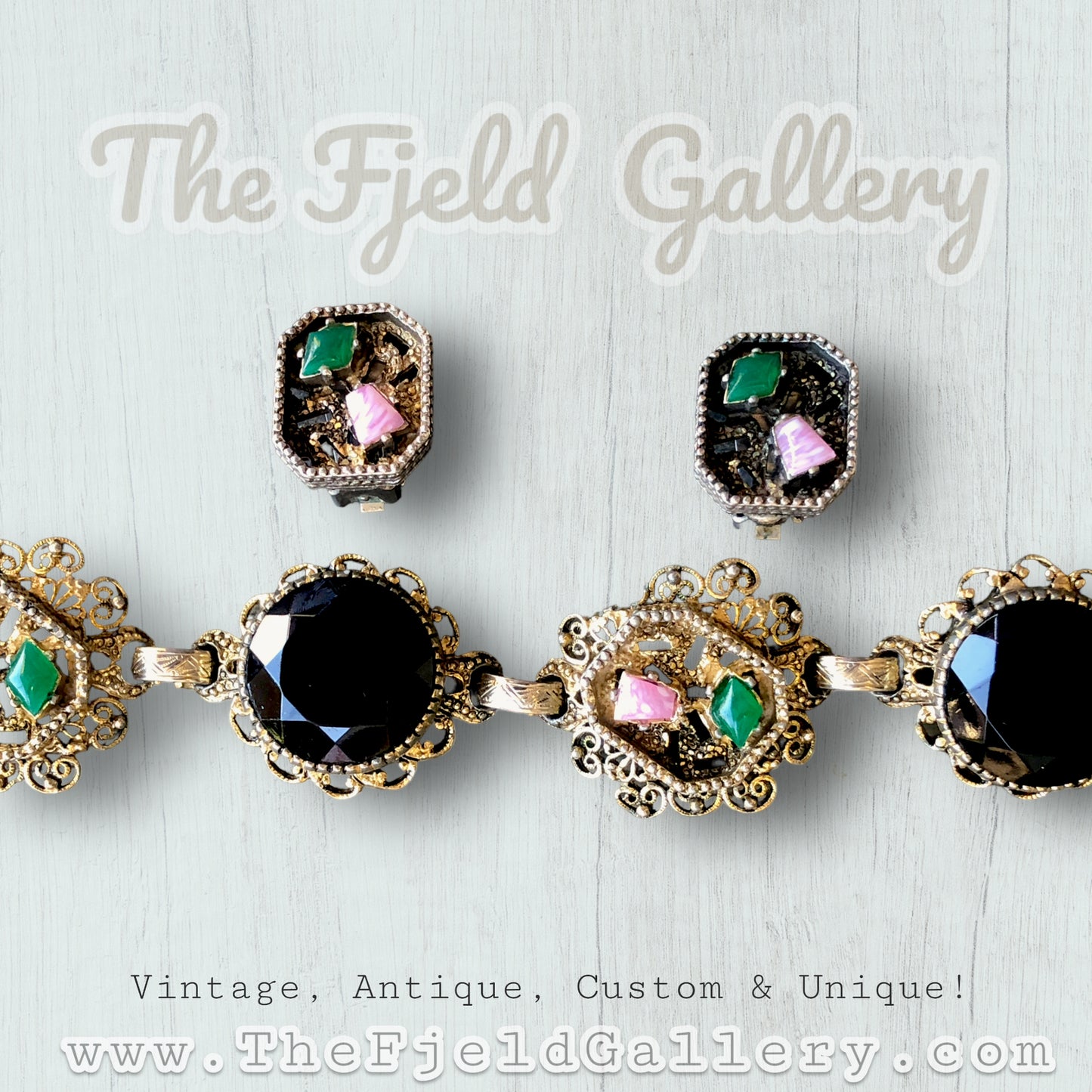 Pink Rhodonite, Green Chrysoprase & Black Art Glass Gold Bracelet & Earring Set