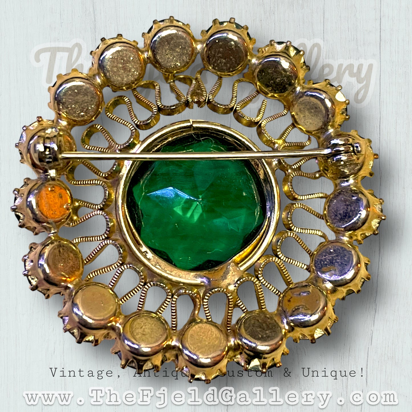 Hollywood Regency Emerald Green Aurora Borealis Crystal Starburst Brooch