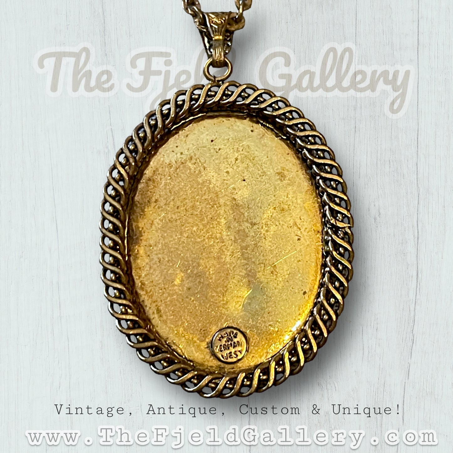 West German Purple & Gold Foil Rose Flower Art Glass Cabochon in Gilded Gold Brass Setting Necklace
