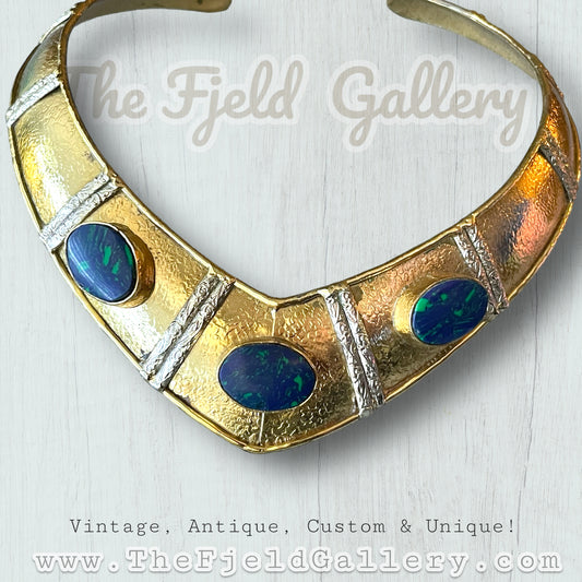 Vintage Brass & Silver Chunky Collar Necklace with Azurite Blue & Green Gemstones