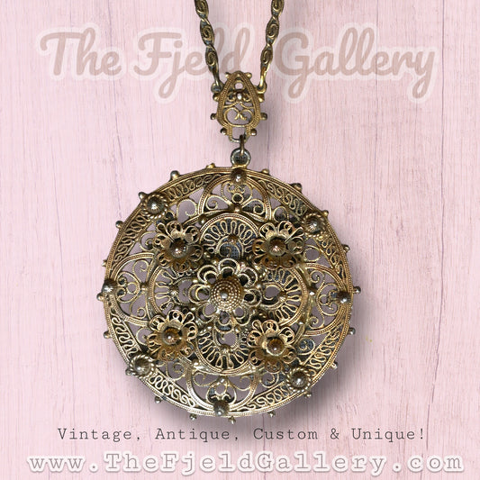 Vintage Indo Craft Designer Brass Filigree Art Nouveau Necklace