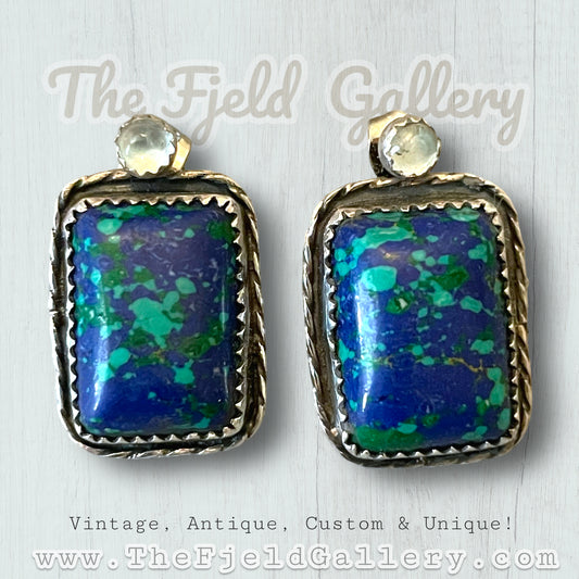 Aquamarine & Azurite Sterling Silver Bezel Set 2 Pair of Earrings in One