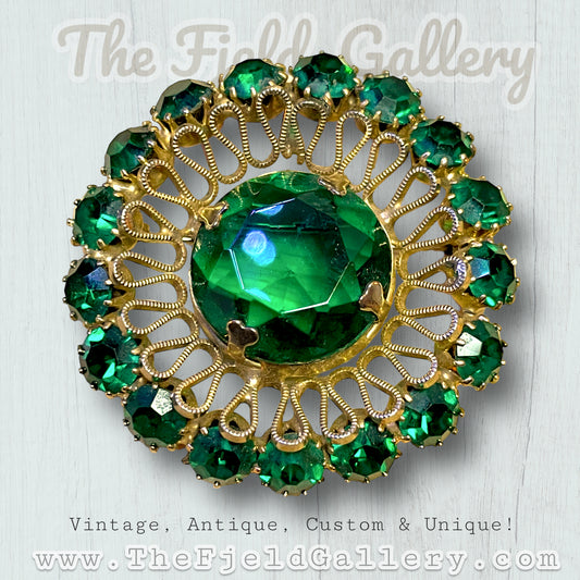 Hollywood Regency Emerald Green Aurora Borealis Crystal Starburst Brooch