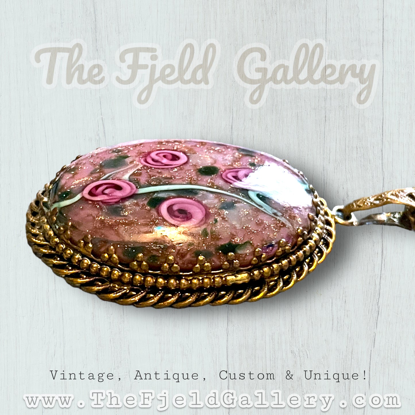 West German Purple & Gold Foil Rose Flower Art Glass Cabochon in Gilded Gold Brass Setting Necklace