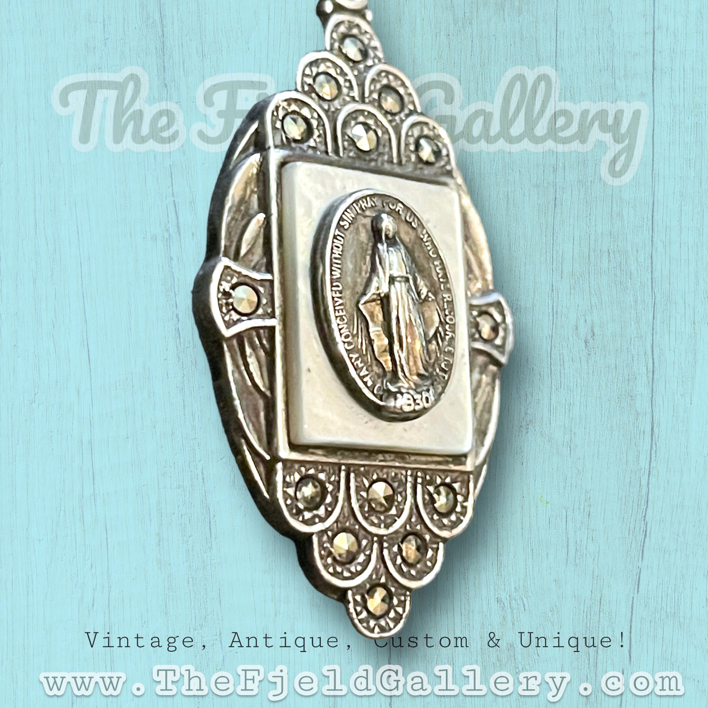 Sterling Silver Mother Of Pearl & Marcasite Virgin Mary Religious Necklace