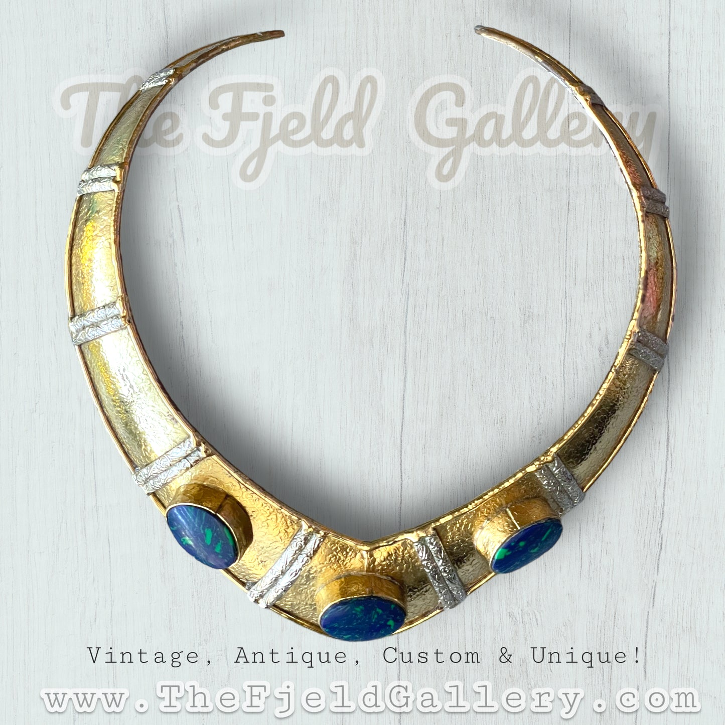 Vintage Brass & Silver Chunky Collar Necklace with Azurite Blue & Green Gemstones
