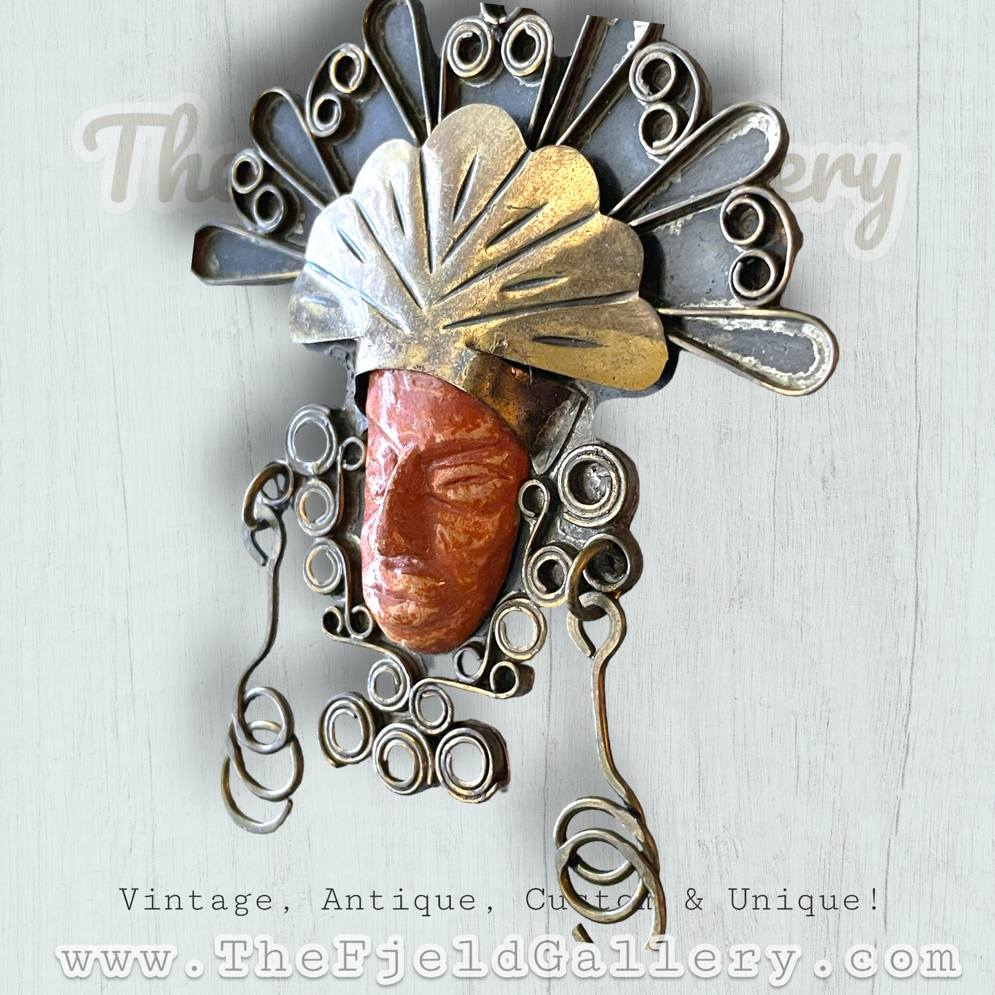 Copper & Brass Orange Stone Carved Face Mask Mexican Necklace