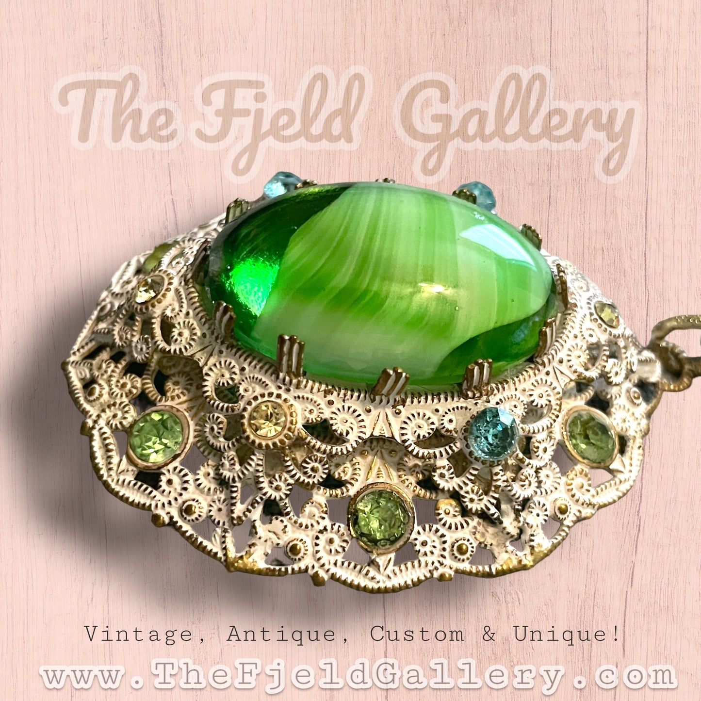 West German Green Marbled Art Glass White Enamel Brass Filigree Pendant on Natural Pearl Necklace