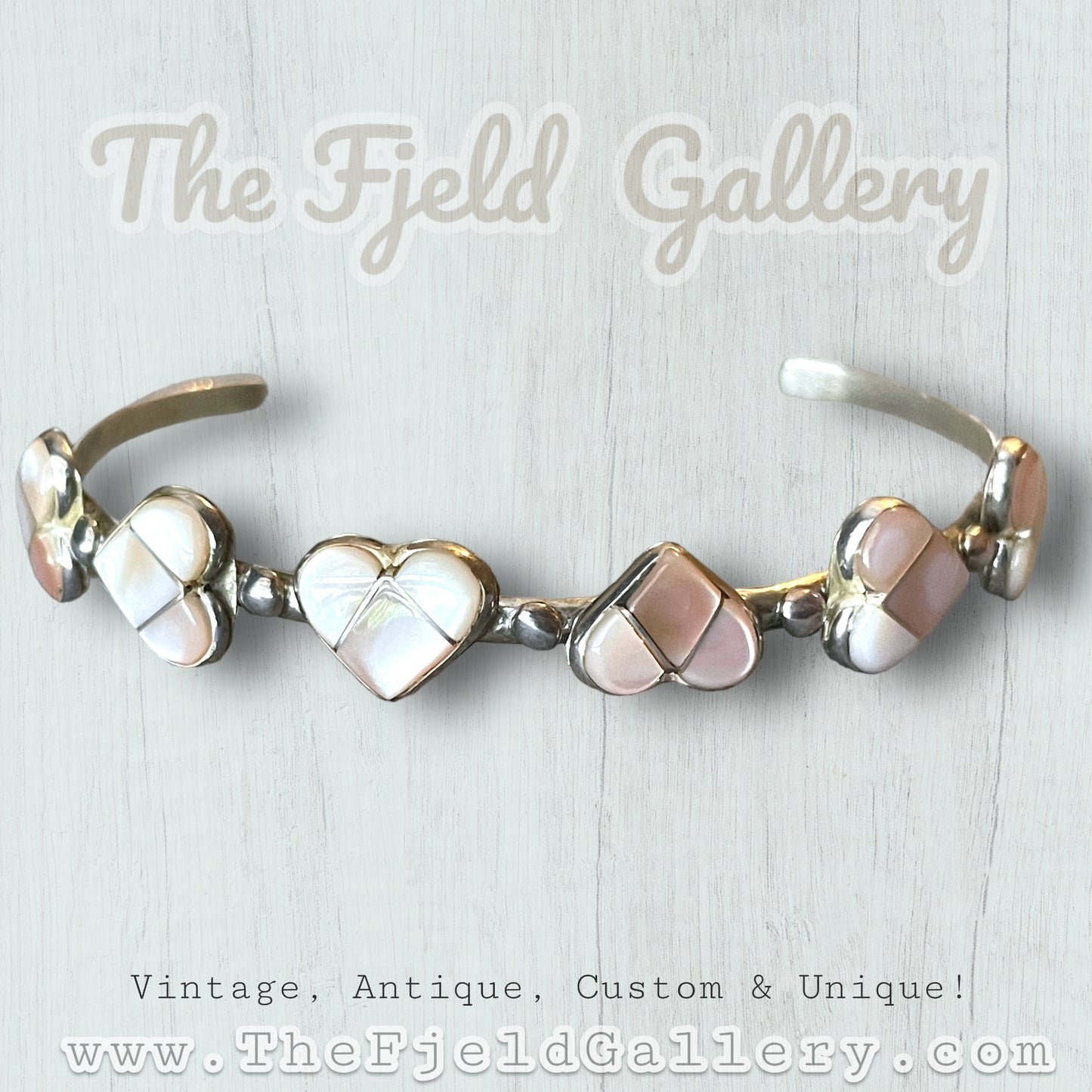 Vintage Sterling Sulver Oink Mother of Pearl Heart Cuff Bracelet