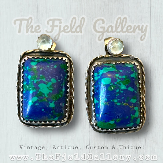 Aquamarine & Azurite Sterling Silver Bezel Set 2 Pair of Earrings in One