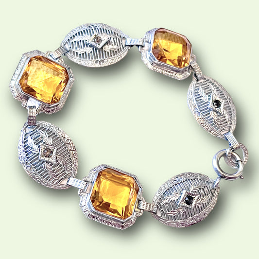 Art Deco Czech Citrine Art Glass Silver Filigree Link Bracelet