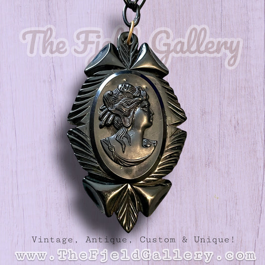 Victorian Bakelite Black Mourning Cameo Necklace
