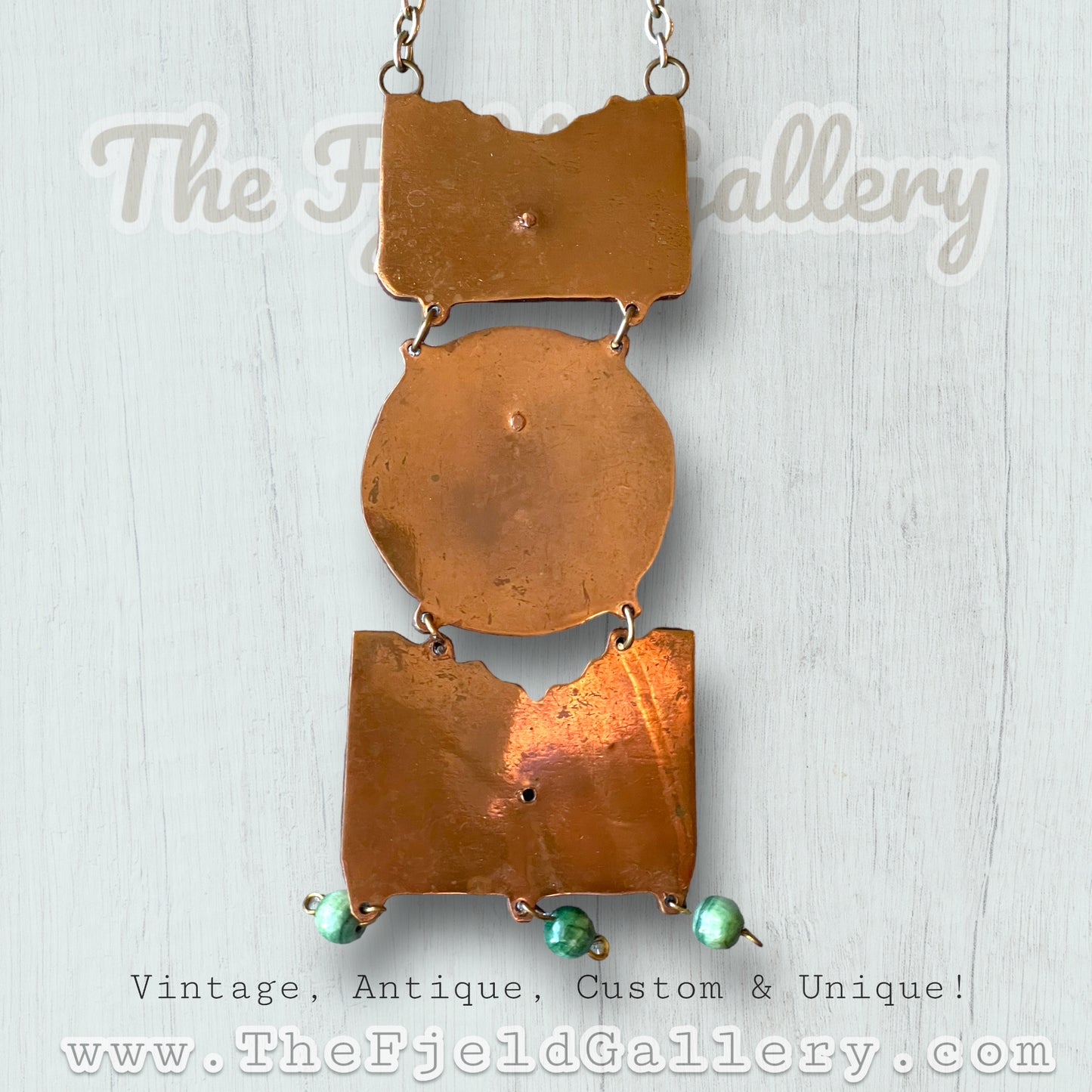 Vintage Green Jadeite Carved Face Mask Copper Necklace