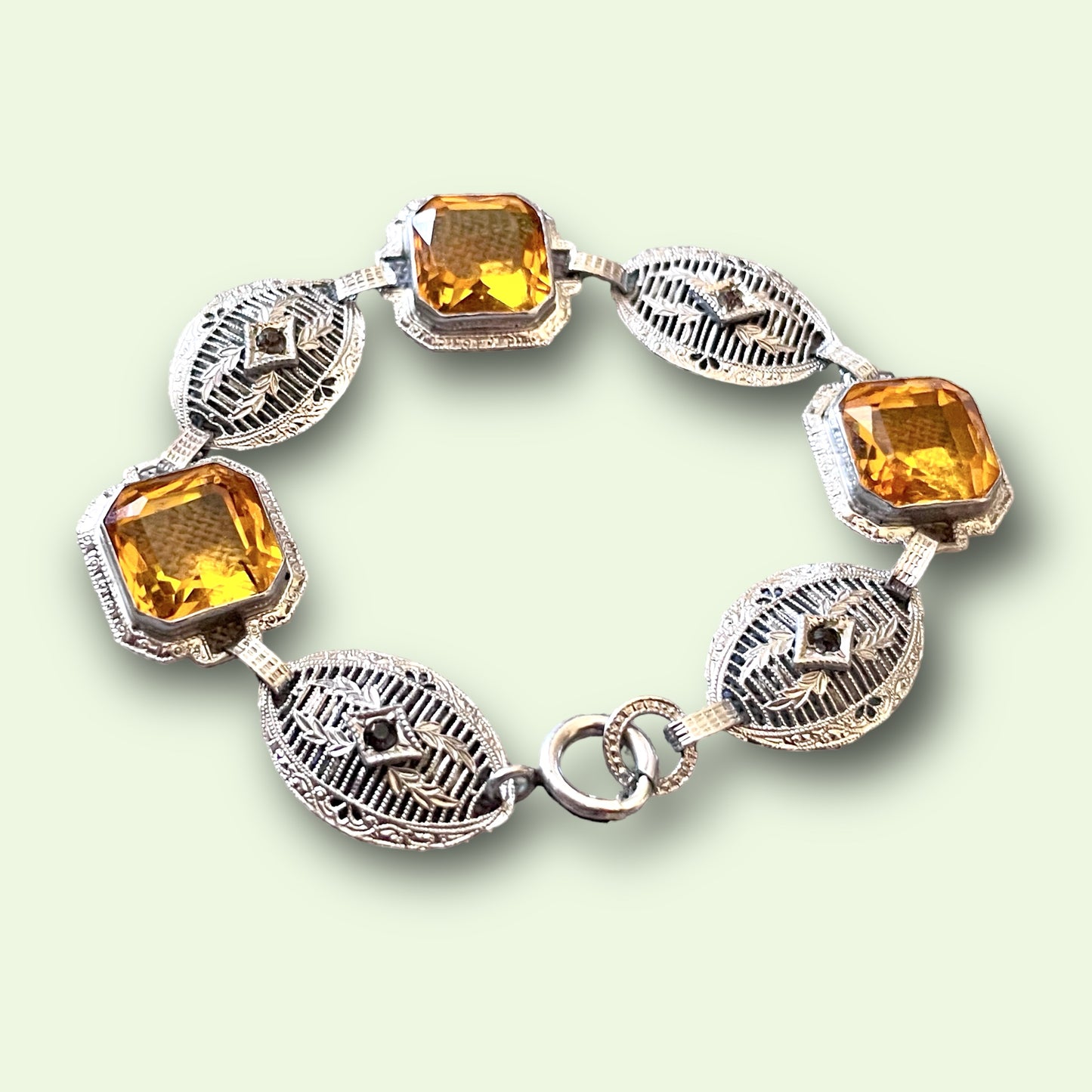 Art Deco Czech Citrine Art Glass Silver Filigree Link Bracelet