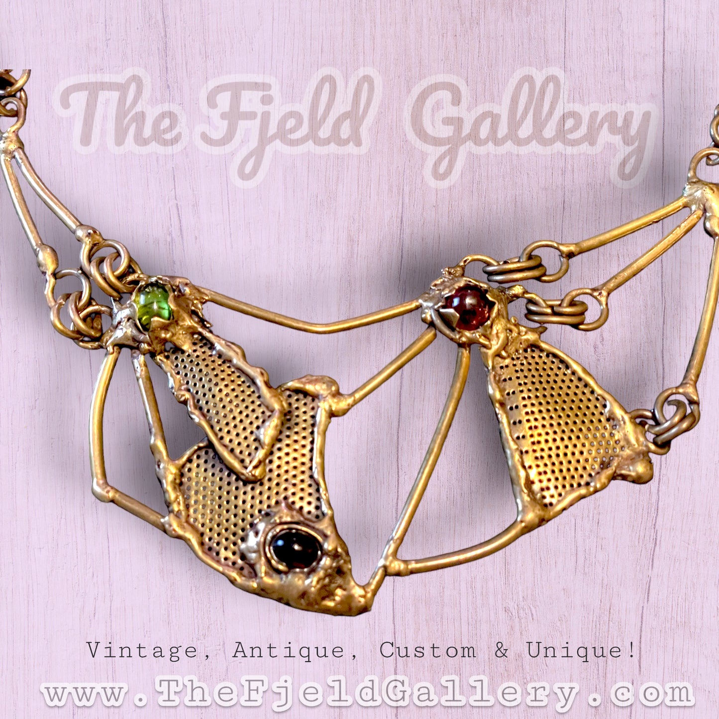 Vintage Brass Brutalist Peridot, Garnet & Onyx Unique Abstract Bib Necklace